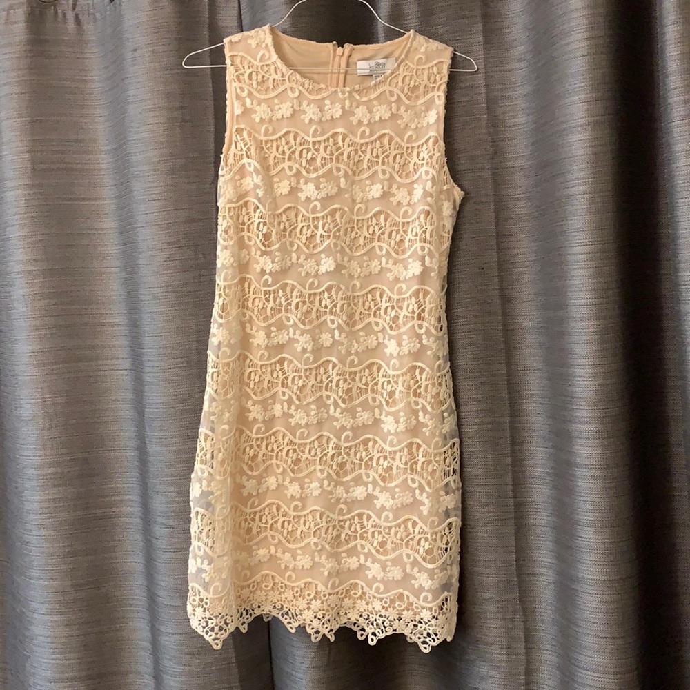 Belle Badgley Mischka cocktail dress; beige with lace overlay
